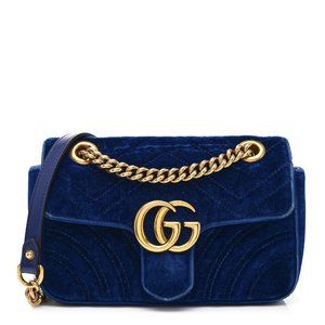 Gucci Velvet Matelasse Small GG Marmont Shoulder Bag Cobalt Blue Gold Handbag NW